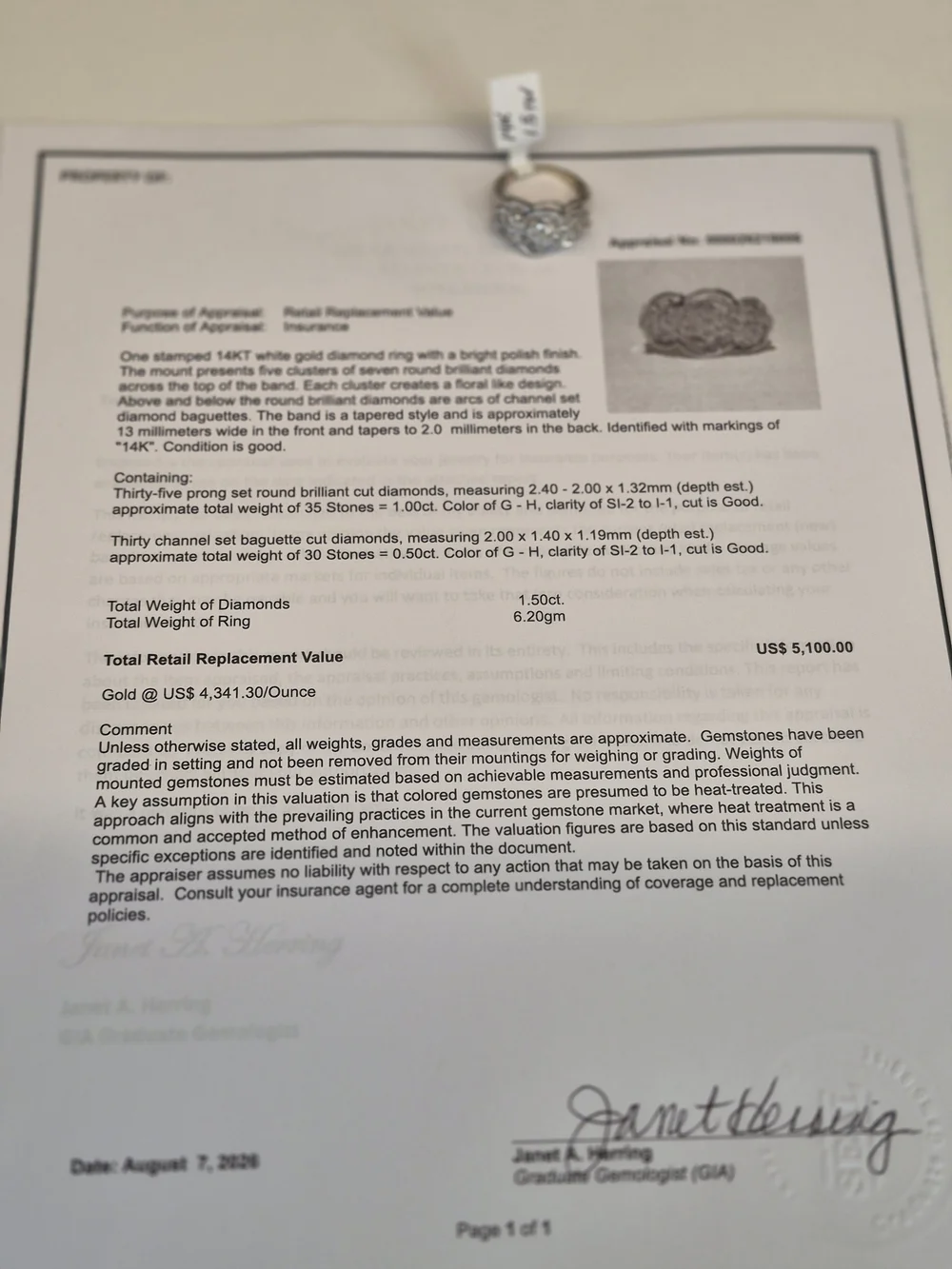 14kwg 1.5ct TW Natural Diamond Size 9 Ring with $5100 GIA GG Appraisal. 6.2g